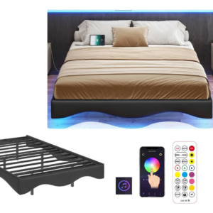 Vivanido Base Cama Matrimonial Flotante Con Luces Led Ajustables De Carga Espacio De Almacenamiento Debajo De La Cama, Hierro Metálico Camasfácil De Montar, L193*w143cm*h32cm Marco